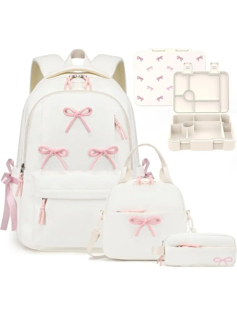 Stylish Girls Backpack Set with Lunch Box, Pencil Case & Bento Box - 4PCS, Beige